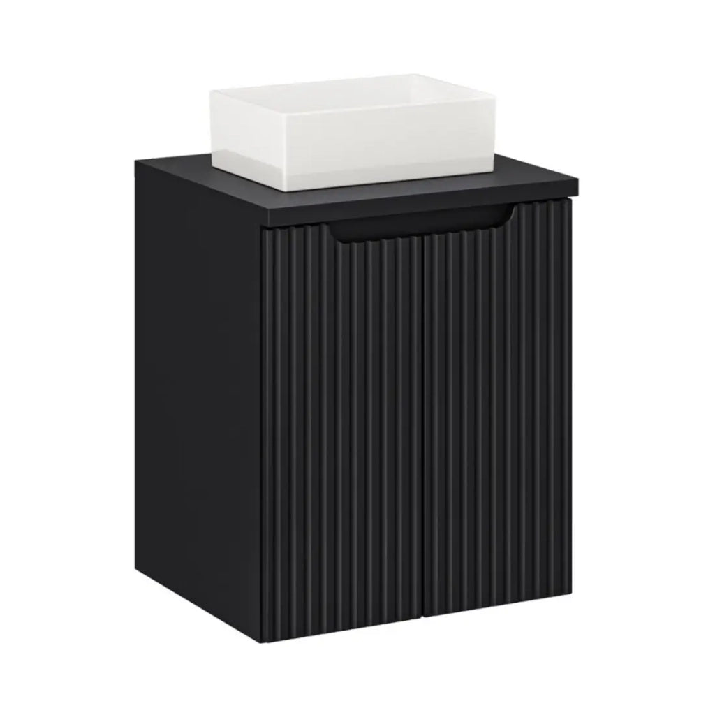 Set VANO 50cm: mobile sottolavabo con armadietti + piano per lavabo nero opaco + lavabo rettangolare da appoggio bianco