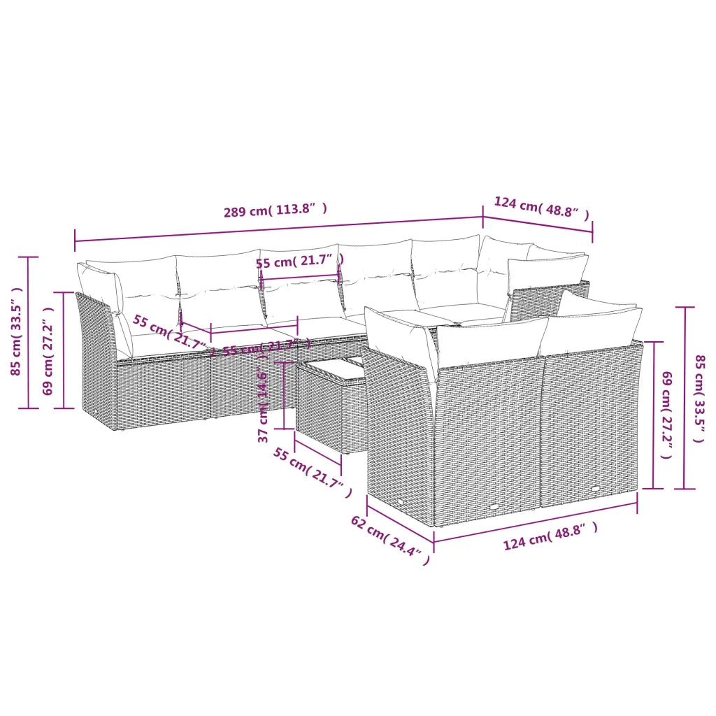 Set Divano da Giardino 9 pz con Cuscini Beige in Polyrattan 3249758