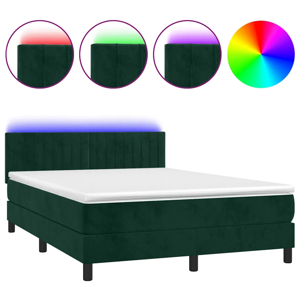Letto a Molle con Materasso e LED Verde Scuro 140x200cm Velluto 3134528