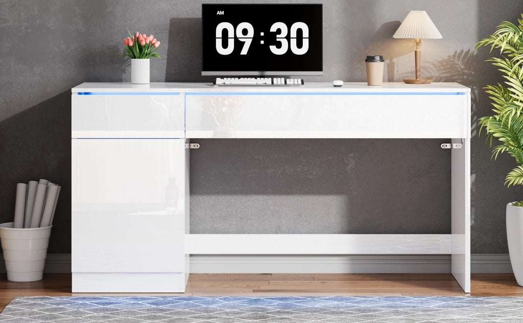 Scrivania lucida con LED, 2 cassetti e 1 vano, per studio e camera da letto, 120 × 50 × 78 cm