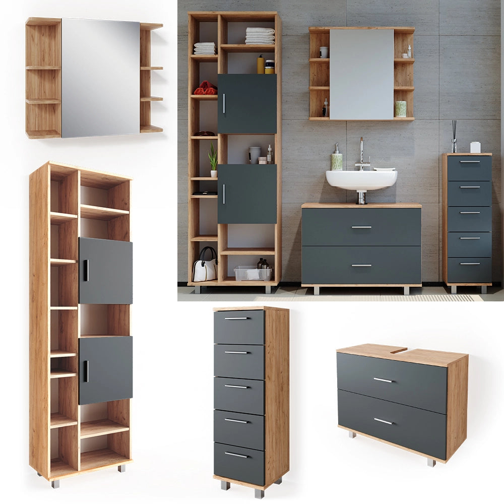 Vicco Set mobili bagno Antracite/quercia dorata 4 parti