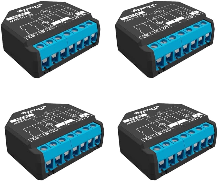 Shelly 2PM PLUS x4 - Relè wifi e Bluetooth a 2 canali. Automatizzazione di Tende. Tapparelle. Controllo consumi. Pack da 4