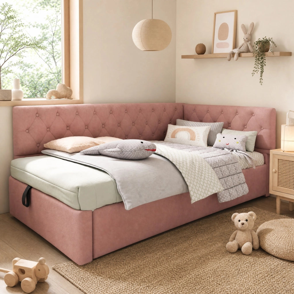 LETTO con contenitore 90x200 cm in velluto rosa