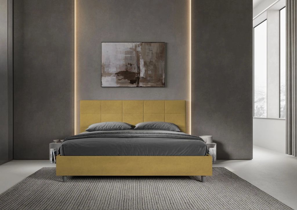 BS COM Letto matrimoniale king size contenitore imbottito 200x200 microfibra ocra