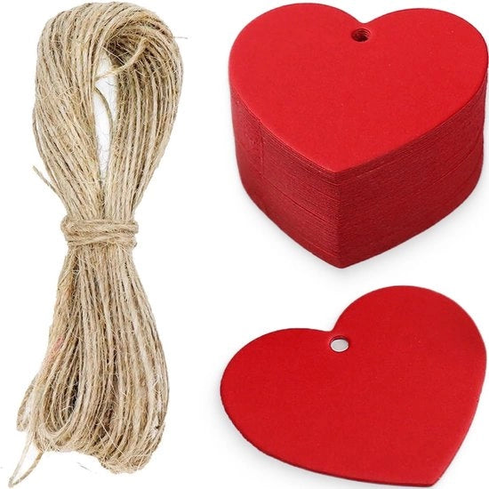 Etichette Kraft 100 pezzi - Etichette da regalo - Corda di juta - Forma a cuore - Regali di nozze - Regali per compleanni/Natale