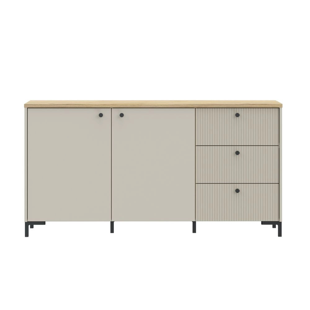 Madia Unit Cashmere con 2 Ante, 3 Cassetti Cannettati e Top Rovere