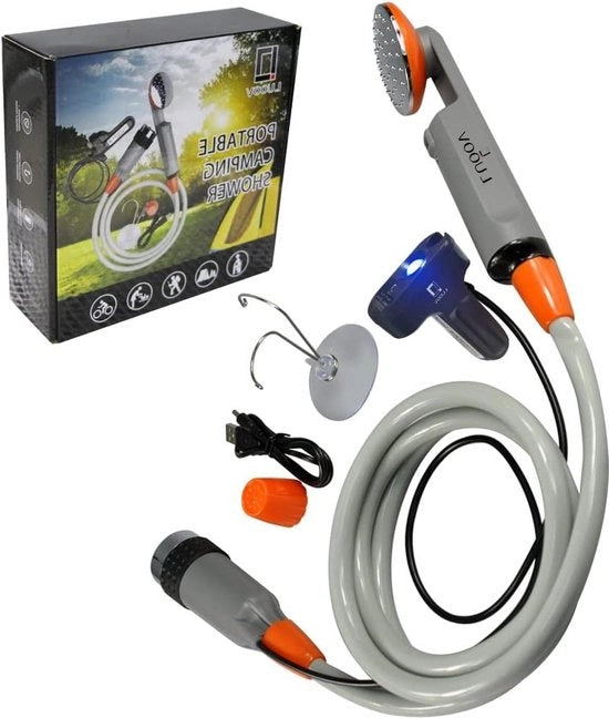 Douchepomp compatta con batteria ricaricabile via USB - doccia portatile per campeggio, escursioni, viaggi - pompa 37V, tubo da 6 ft