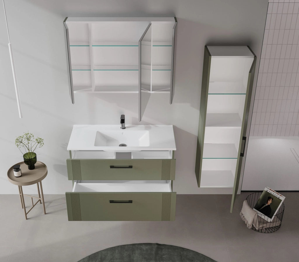 Mobile da bagno con specchio "Bari 100" - 97 x 16 x 66 cm - Verde opaco