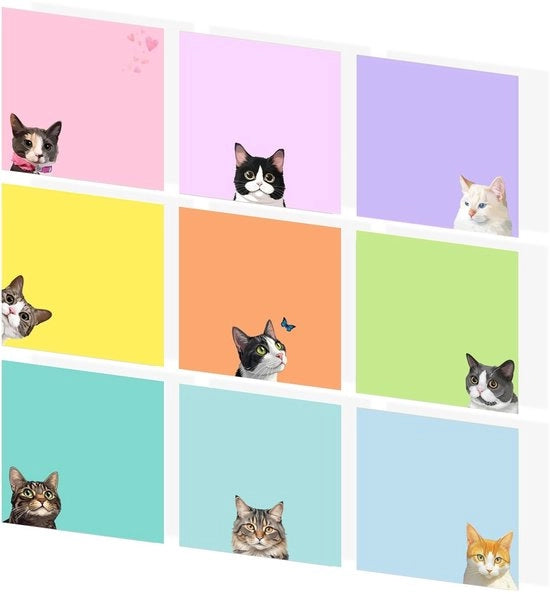 Blocchi di appunti 9 fogli - Notizie adesive - Disegni di gatti - Adesivi super resistenti - Carta di alta qualità - Codifica a colori creativa