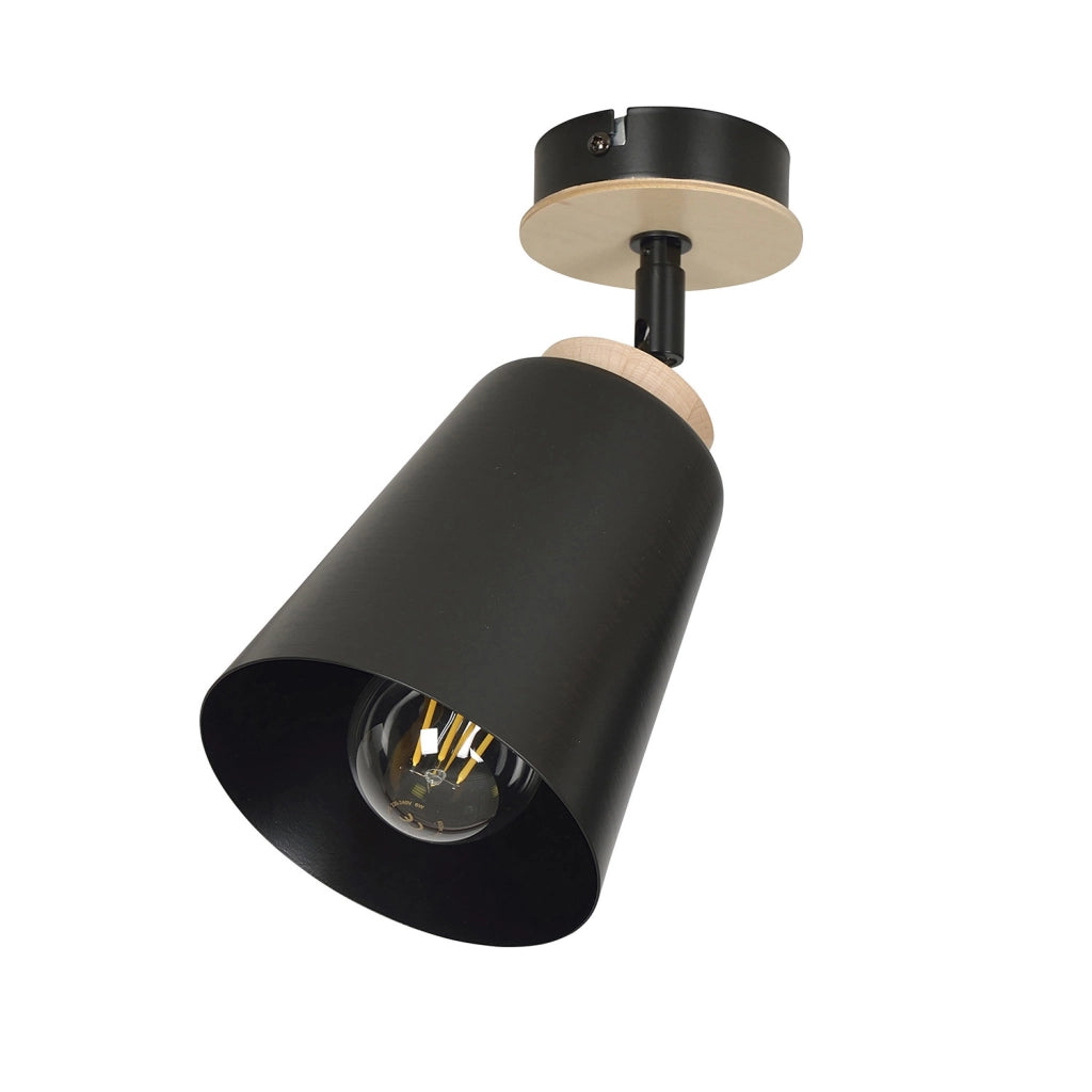 Plafoniera A Faretto Spot 1 Luce In Acciaio Nero E Legno Naturale