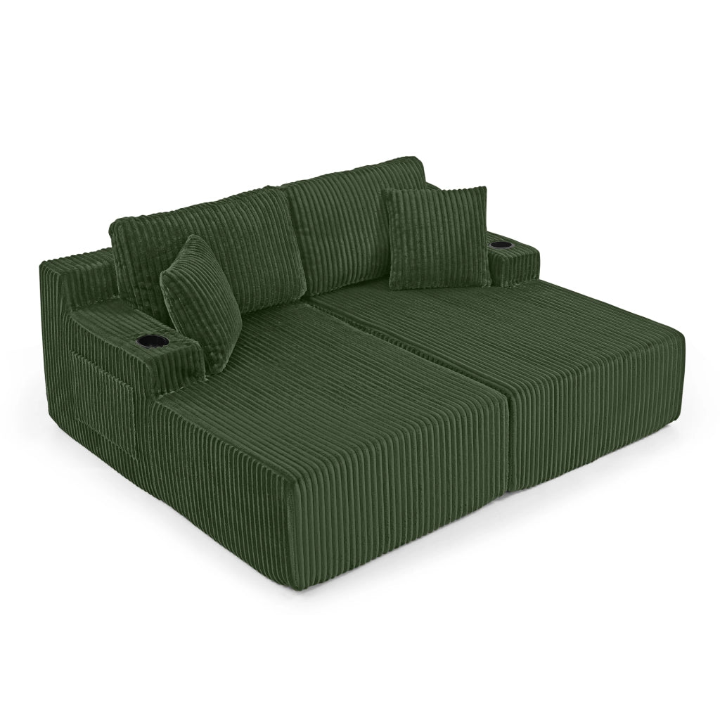 Divano Letto 2 Posti Relax ¨C MINIMAL ¨C Verde, Tessuto a Coste, con Cuscini e Portabicchieri