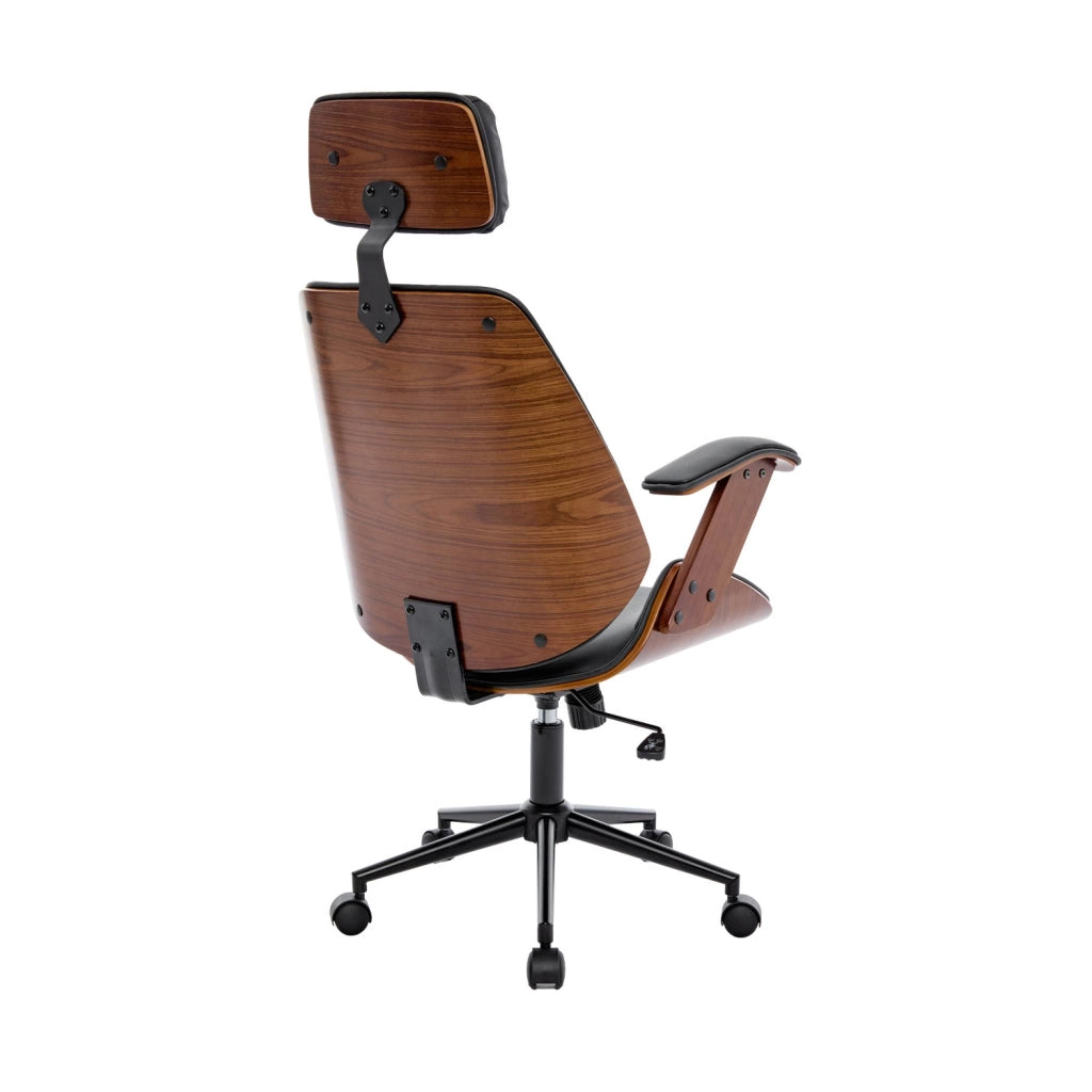 Sedia da ufficio con rotelle, effetto legno curvato e similpelle, nero