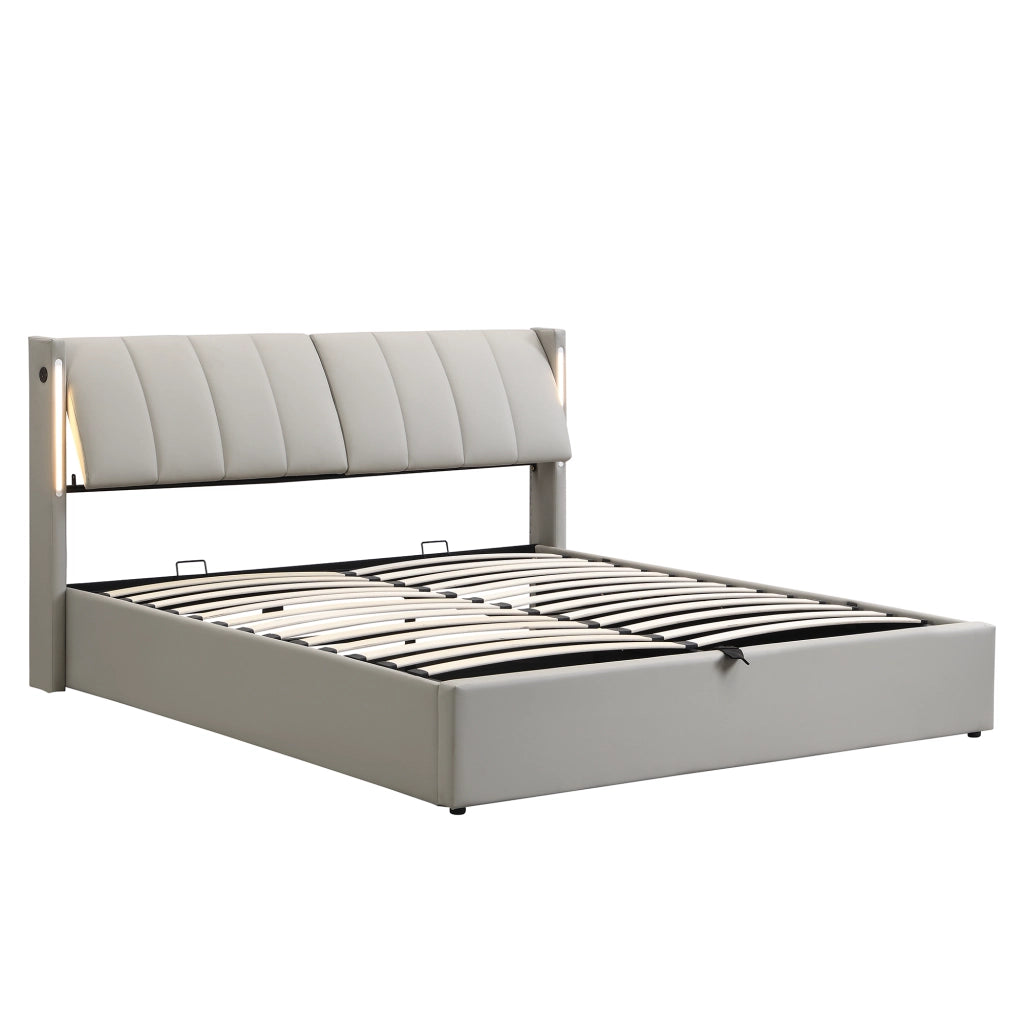 LETTO 140x190 cm in PU Grigio con LED, USB e rete a doghe