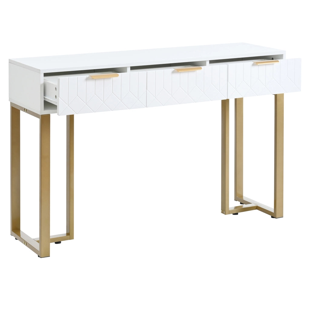 Tavolino consolle moderno con cassetti, struttura in metallo color oro, finitura bianca e piedini regolabili