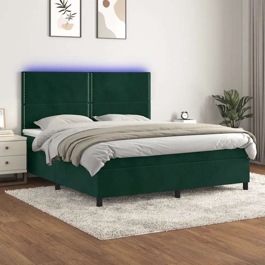 Letto a Molle con Materasso e LED Verde Scuro 180x200cm Velluto 3136080