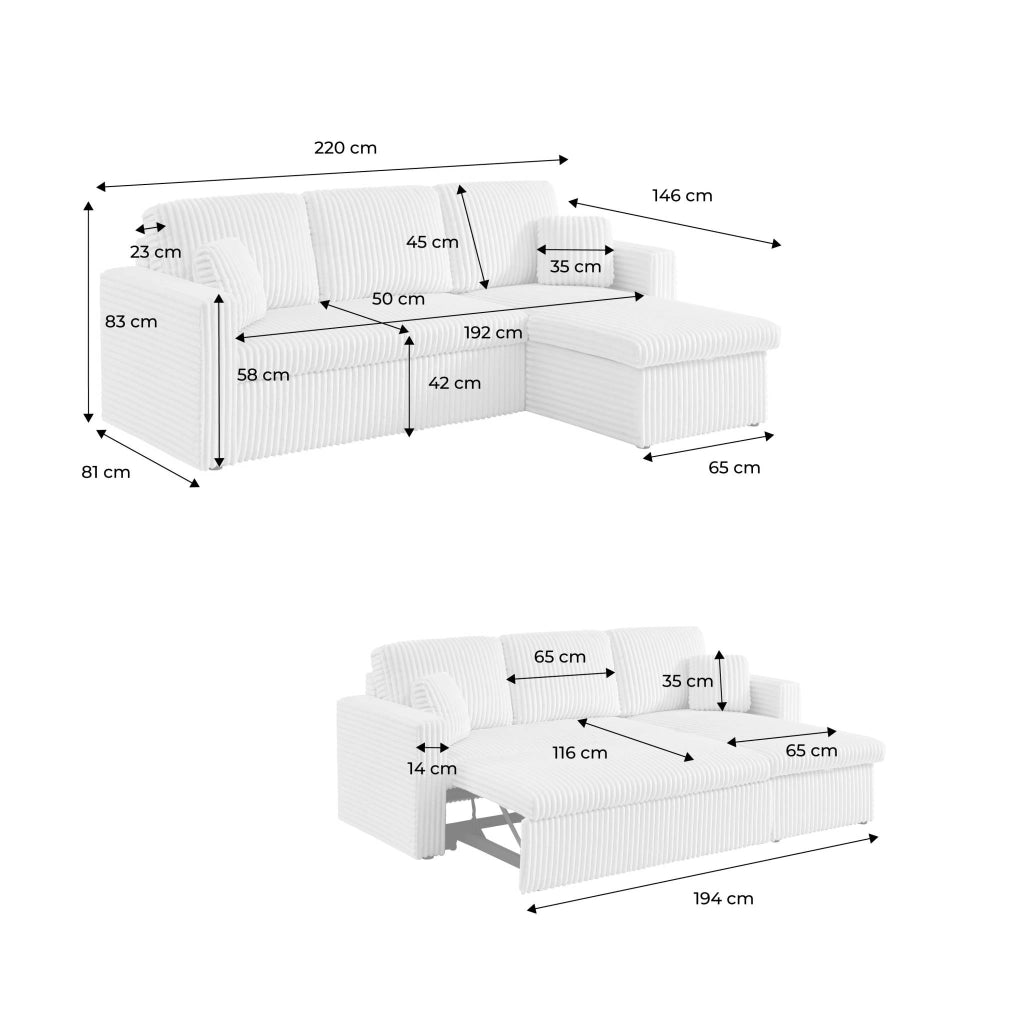 Divano letto reversibile effetto pelliccia a coste, 3 posti, crema