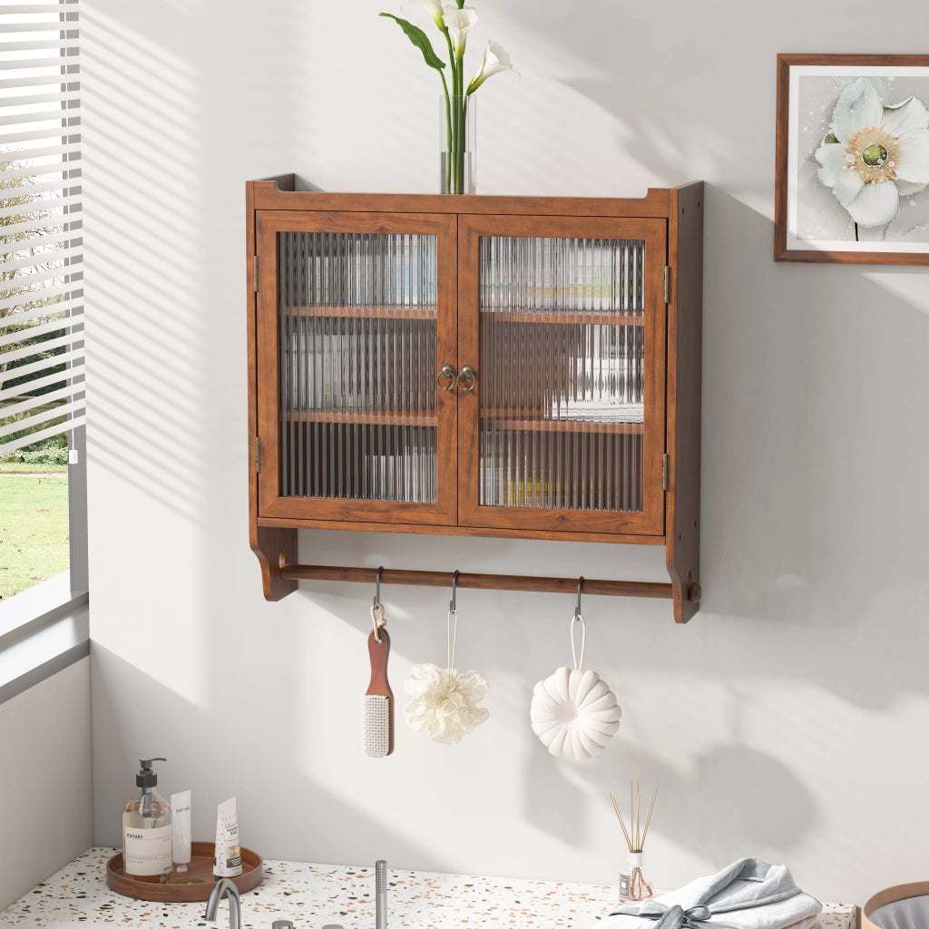 Pensile con 2 Ante; 3 Ripiani Rimovibili e Portaasciugamani per Bagno in Legno e Vetro 63×18×60 cm Marrone