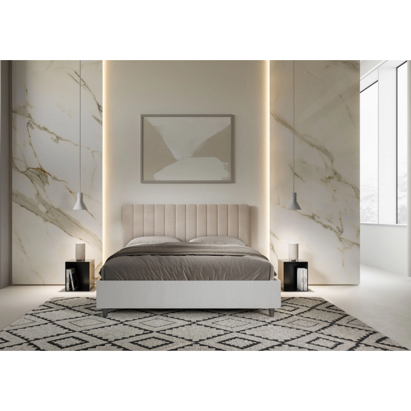 Letto Matrimoniale 160x190 cm struttura bianco frassino testata Kaia - Con rete,Microfibra,Sabbia