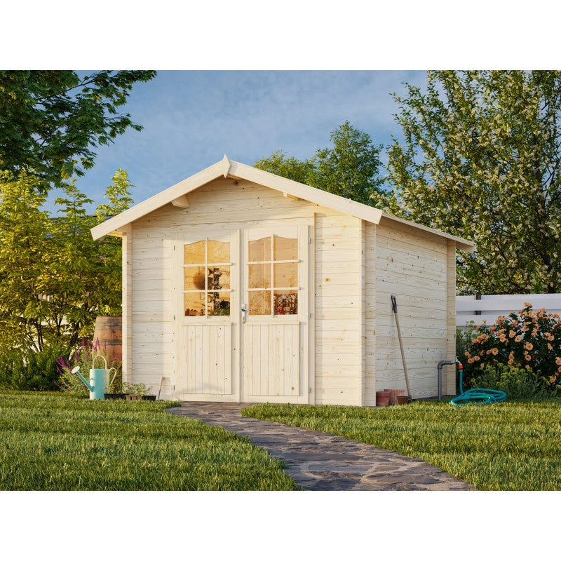 Casetta da giardino in legno 296x296 cm, pareti 28 mm grezze con porta doppia vetrata, per deposito attrezzi esterno - Esterni da Vivere