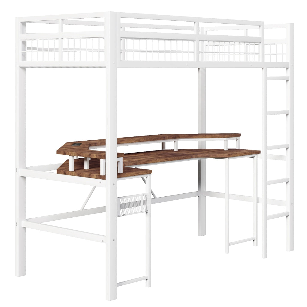 Letto a soppalco con scrivania e LED - Zephmum- 90x200 cm, bianco, USB, presa