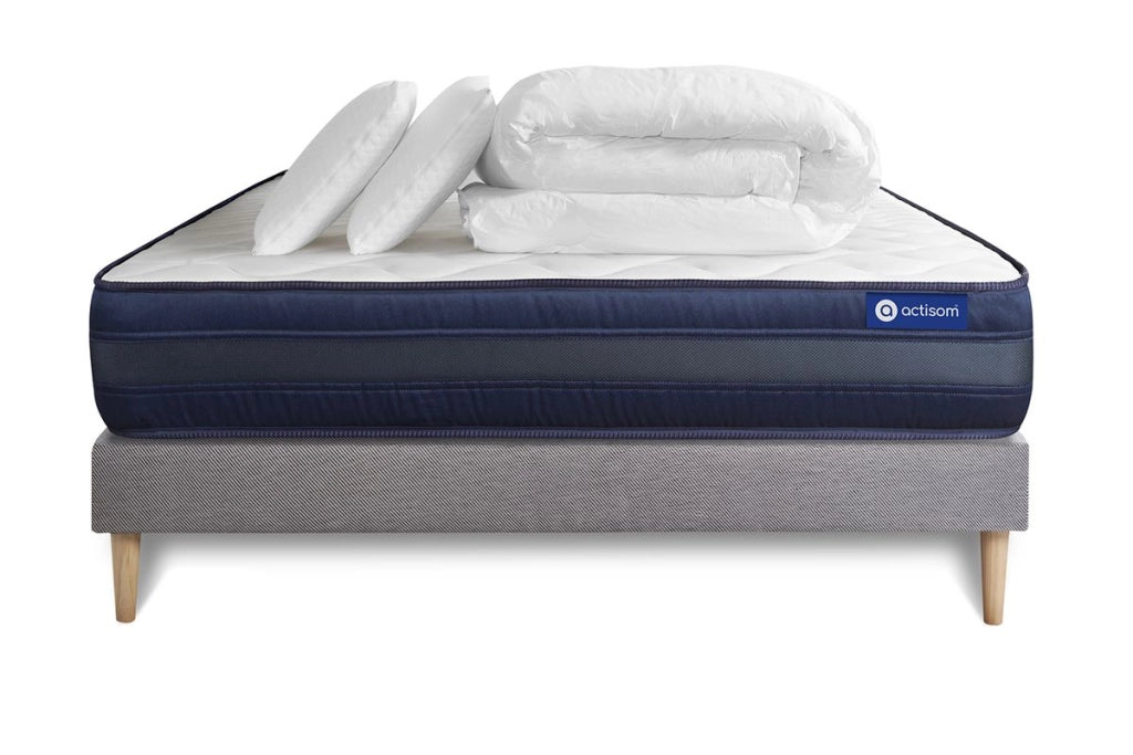 Pacchetto letto completo - Materasso 140x190cm + Box spring con doghe (kit) + 2 cuscini + Piumino - Actimemo Tech