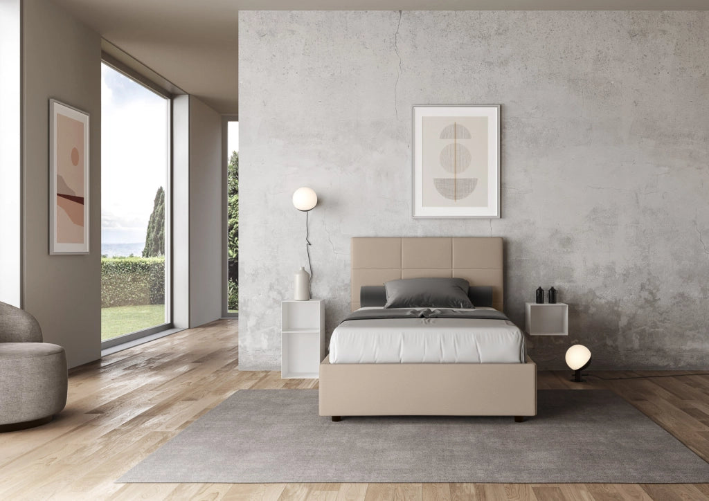 BS COM Letto una piazza e mezza contenitore imbottito 120x210 similpelle tortora