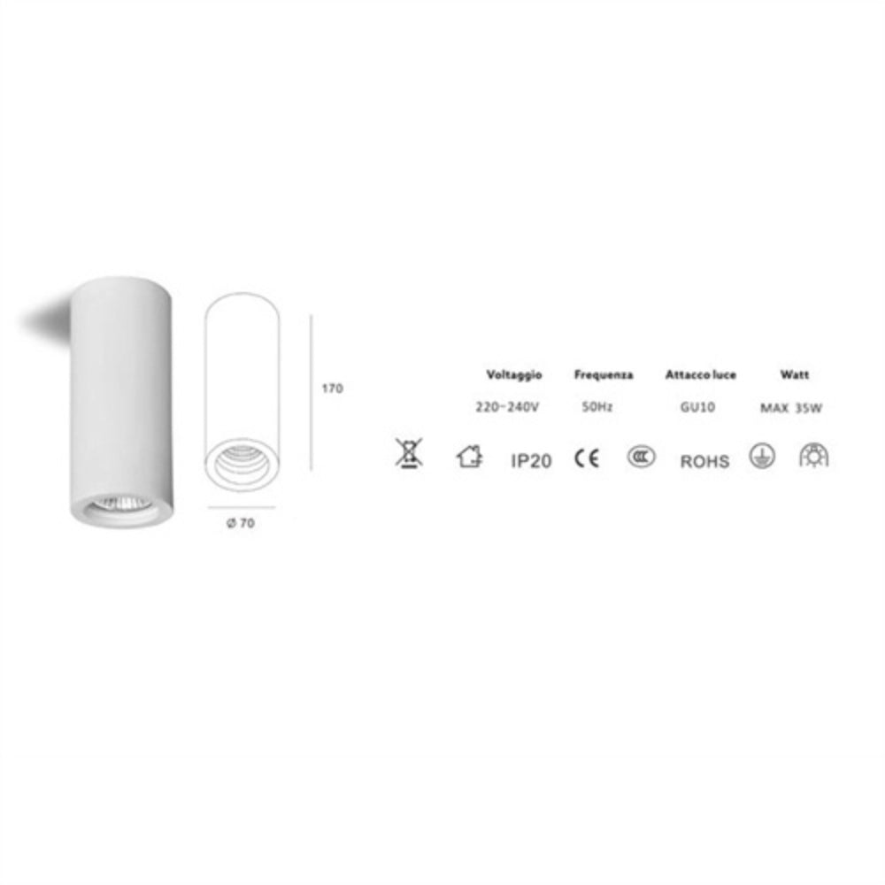 Applique lampada gesso bianco verniciabile da soffitto Ø 70 mm x l. 170 mm