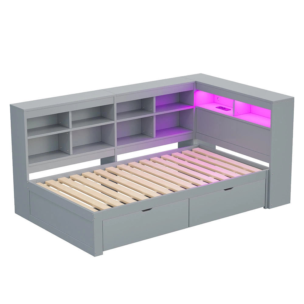 Divano letto legno 90x200cm - Xylo - grigio, USB/LED, ripiani, spazio