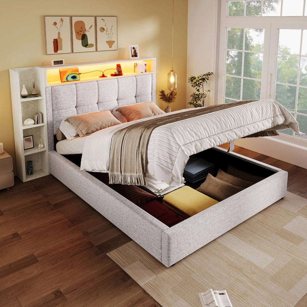 Letto Imbottito con LED e Contenitore ¨C MINIMAL ¨C Tessuto Beige 90x200