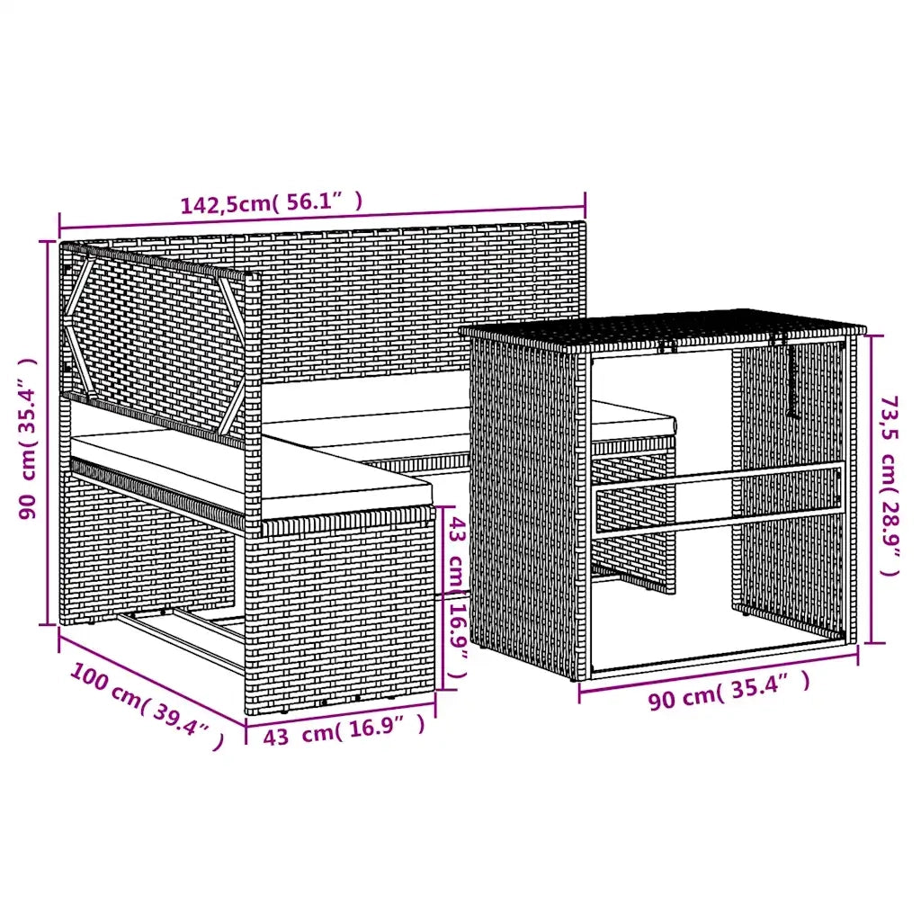 Divano da Giardino con Tavolo e Cuscini a L Marrone Polyrattan 362346