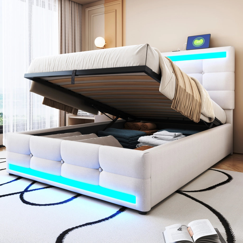 LETTO Imbottito LED 90x200 cm Beige con 2 porte USB