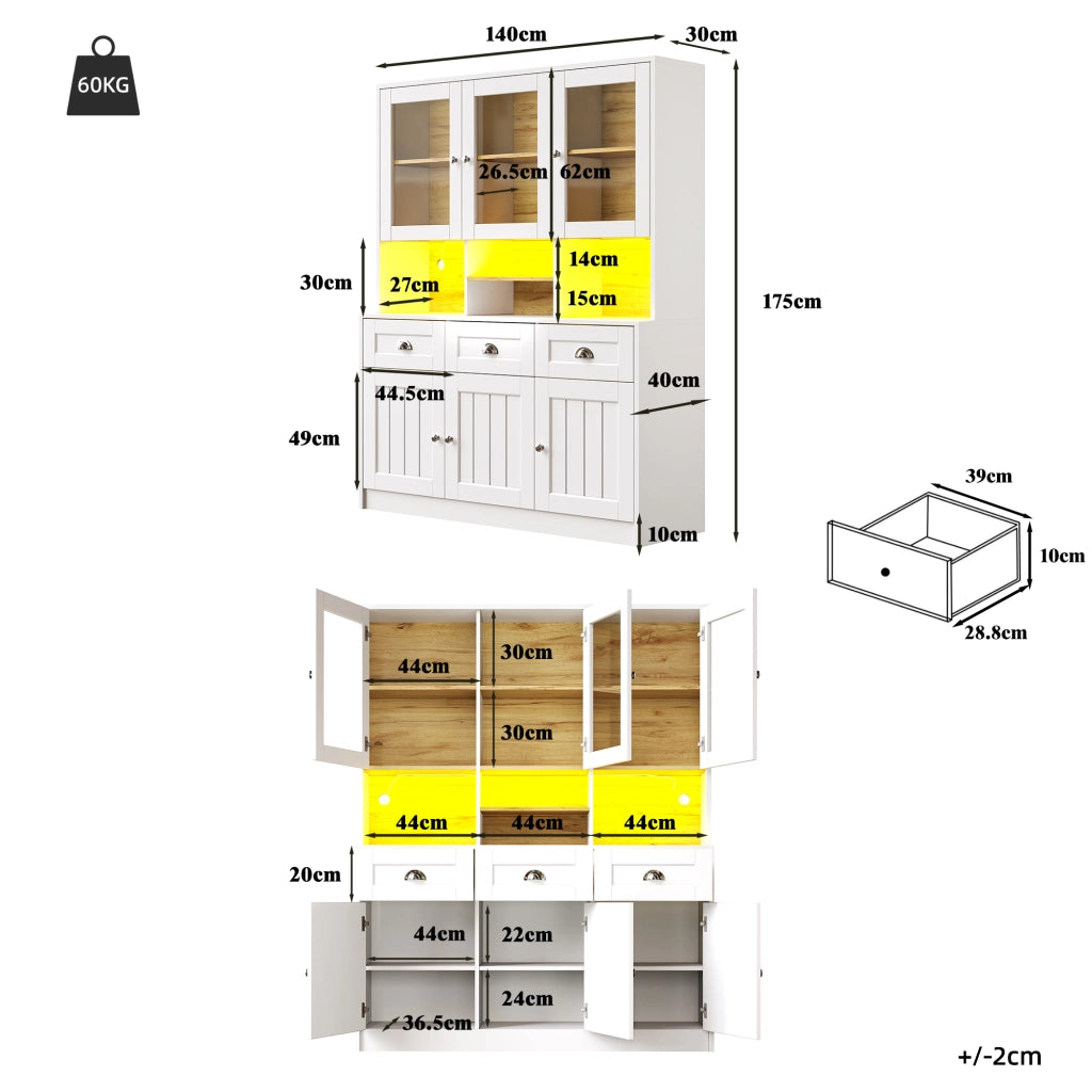 Mobile Buffet con LED ¨C MINIMAL ¨C Bianco/Nero, Ripiani Regolabili, 140x40x175
