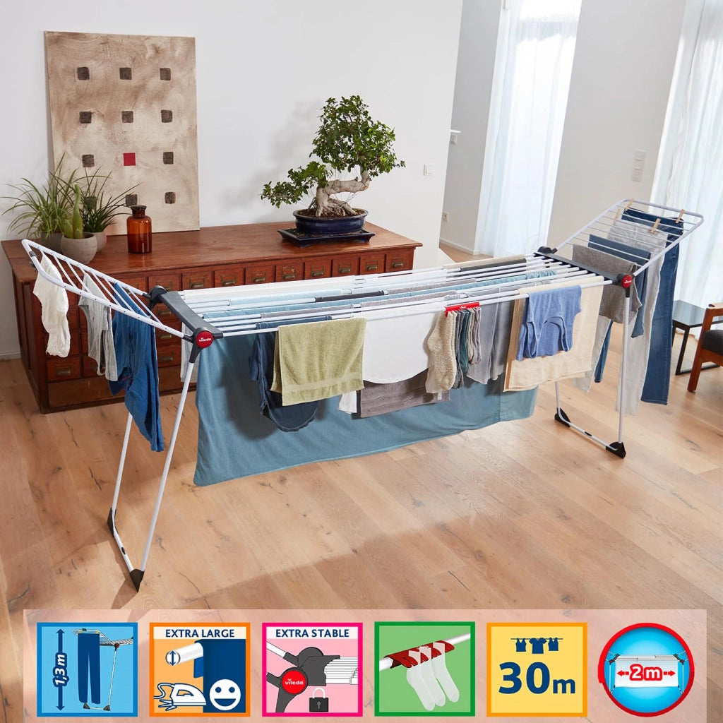 Stendino Infinity Flex Plus in Acciaio Verniciato Estensibile fino a 2 Metri con Ali Alte e Ruote Vileda