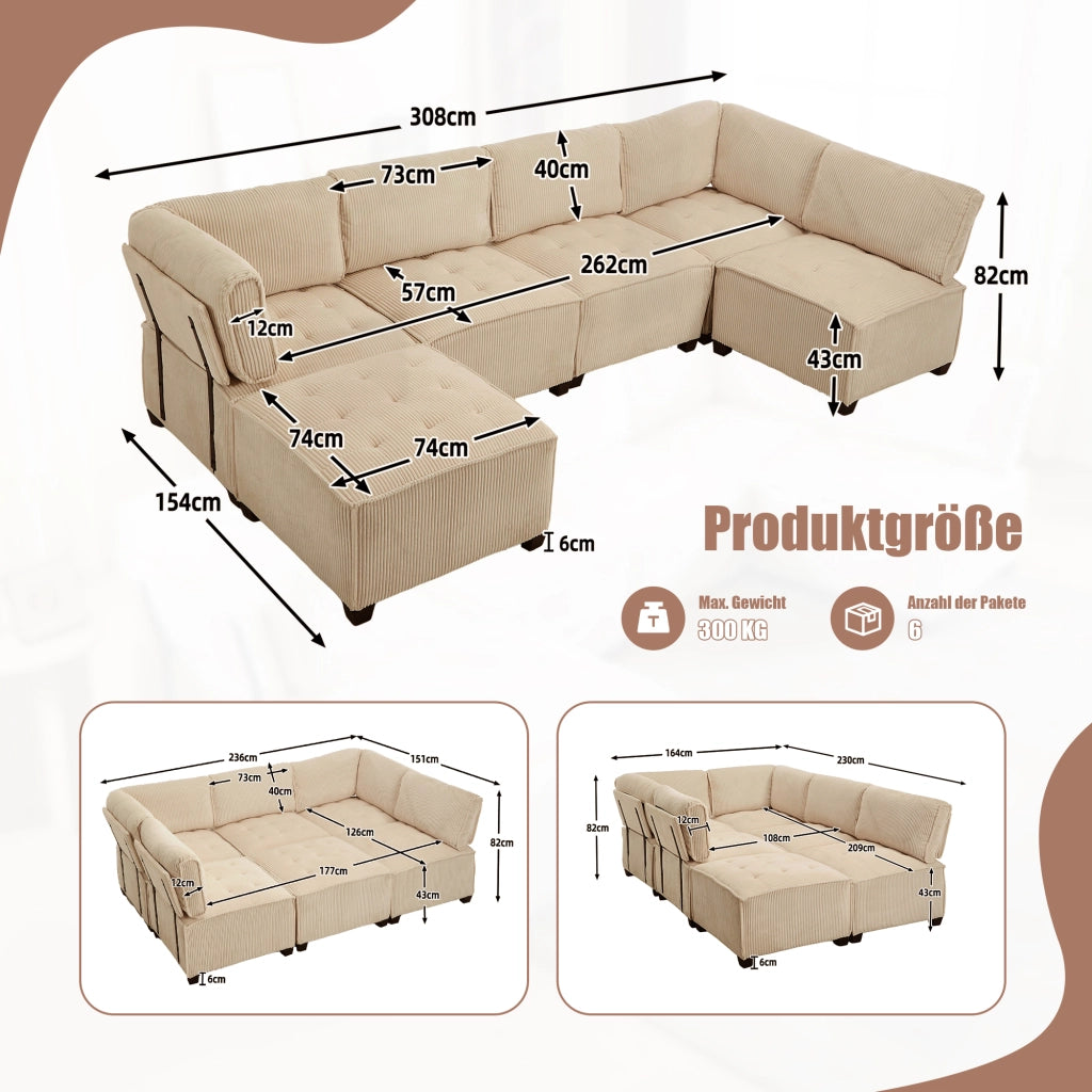 Sofa modulare 6 posti - Zephmum- Tessuto corda, ergonomico, stoccaggio, combinabile