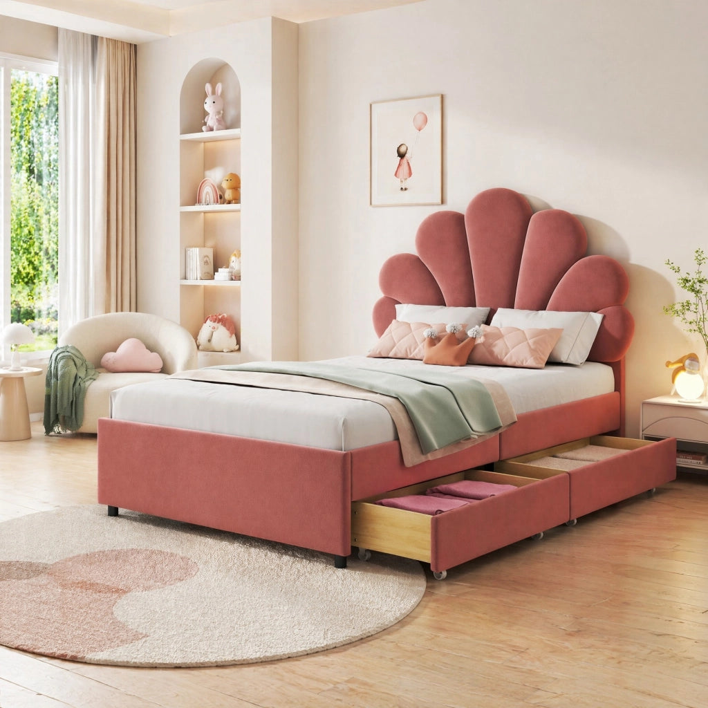 LETTO Imbottito 90x200 cm in velluto Rosa con 2 cassetti