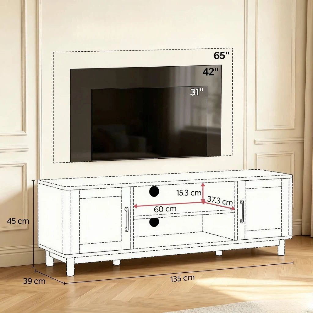Mobile TV con vani aperti e armadietti; rattan e pannello truciolare color rovere per TV fino a 65 pollici 135 × 39 × 45 cm