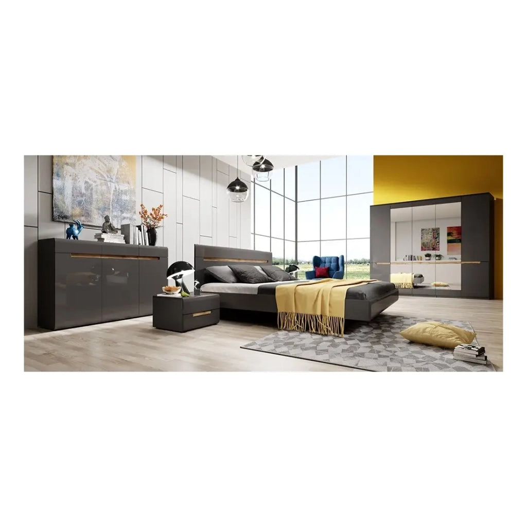 Comò design LUCIA, 3 porte e 3 cassetti. Color grigio lucido e rovere.
