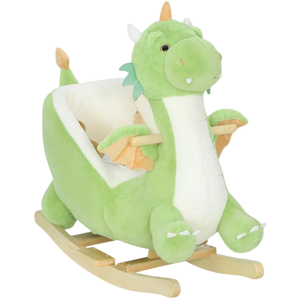 Cavallo a dondolo in peluche ¨C Xylo ¨C base legno con suono, verde, 18-36 mesi