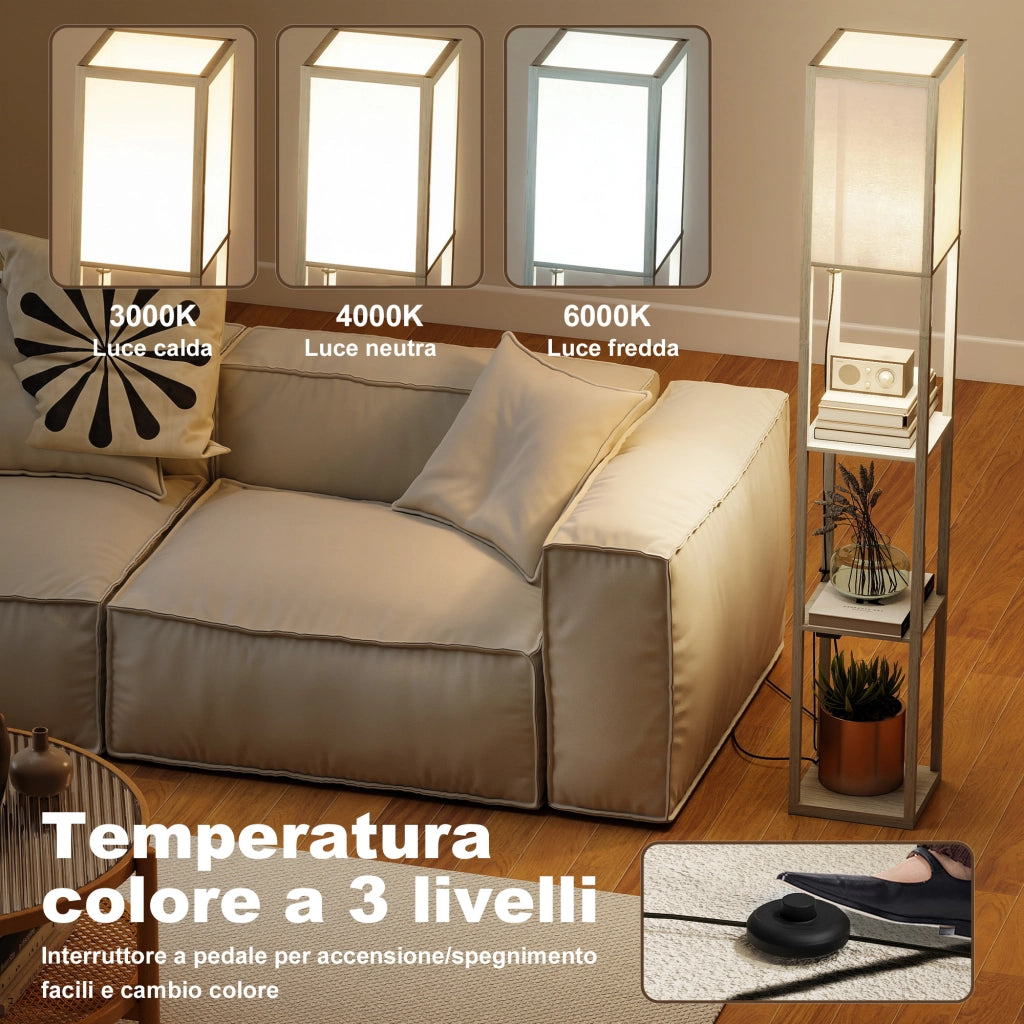 Lampada da Terra con Ripiani e USB ¨C Minimal ¨C Bianco e Rovere