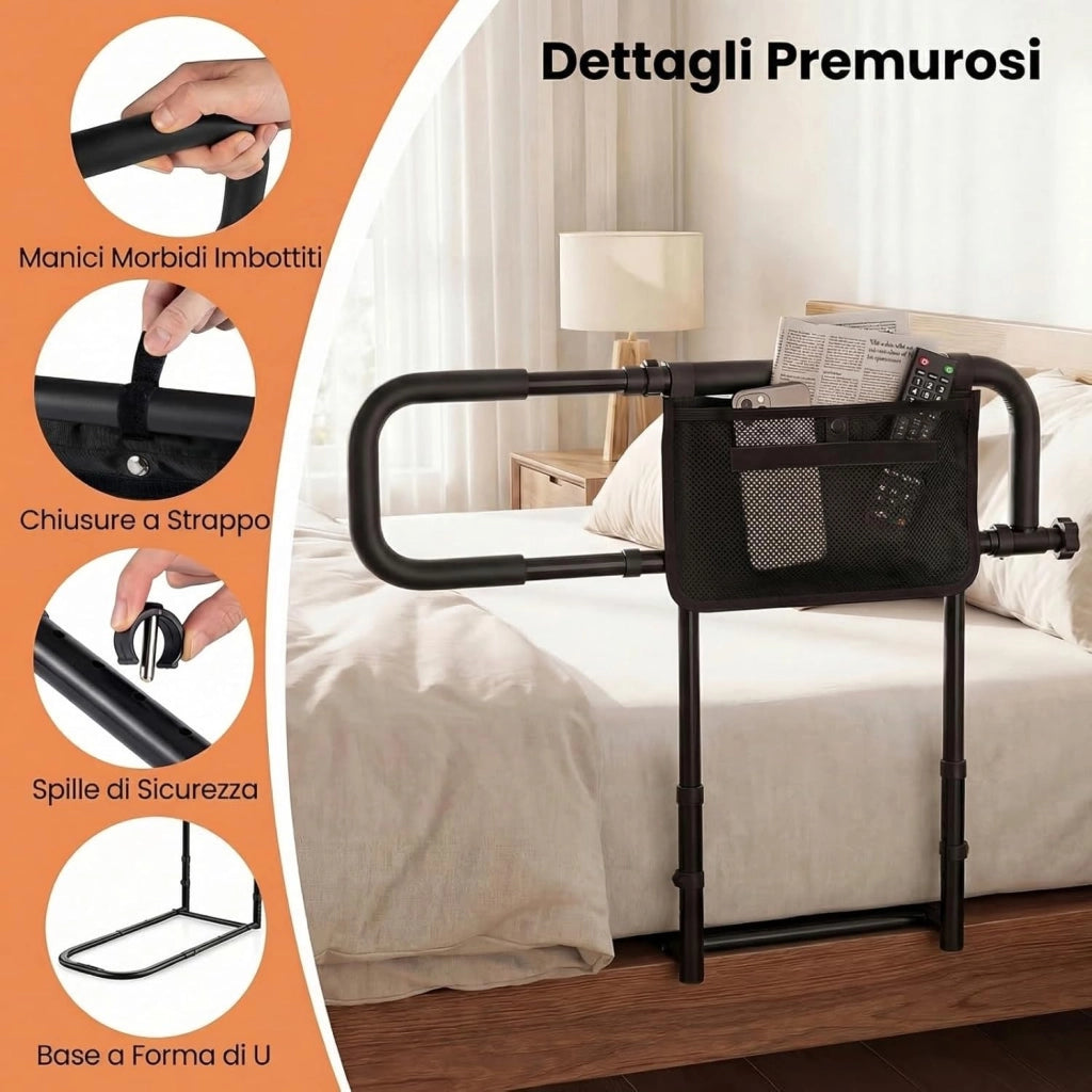 Sponda Letto Anziani Regolabile e Pieghevole, Altezza/Larghezza Aggiustabile, Tasca Rimovibile, Maniglie Imbottite e Base a U, Adatto a Letti King/Queen, Supporto fino a 136 kg (Nero)