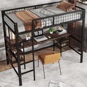 Letto a soppalco 90 × 200 cm con scrivania e ripiani scala a 4 gradini in metallo nero e legno scuro