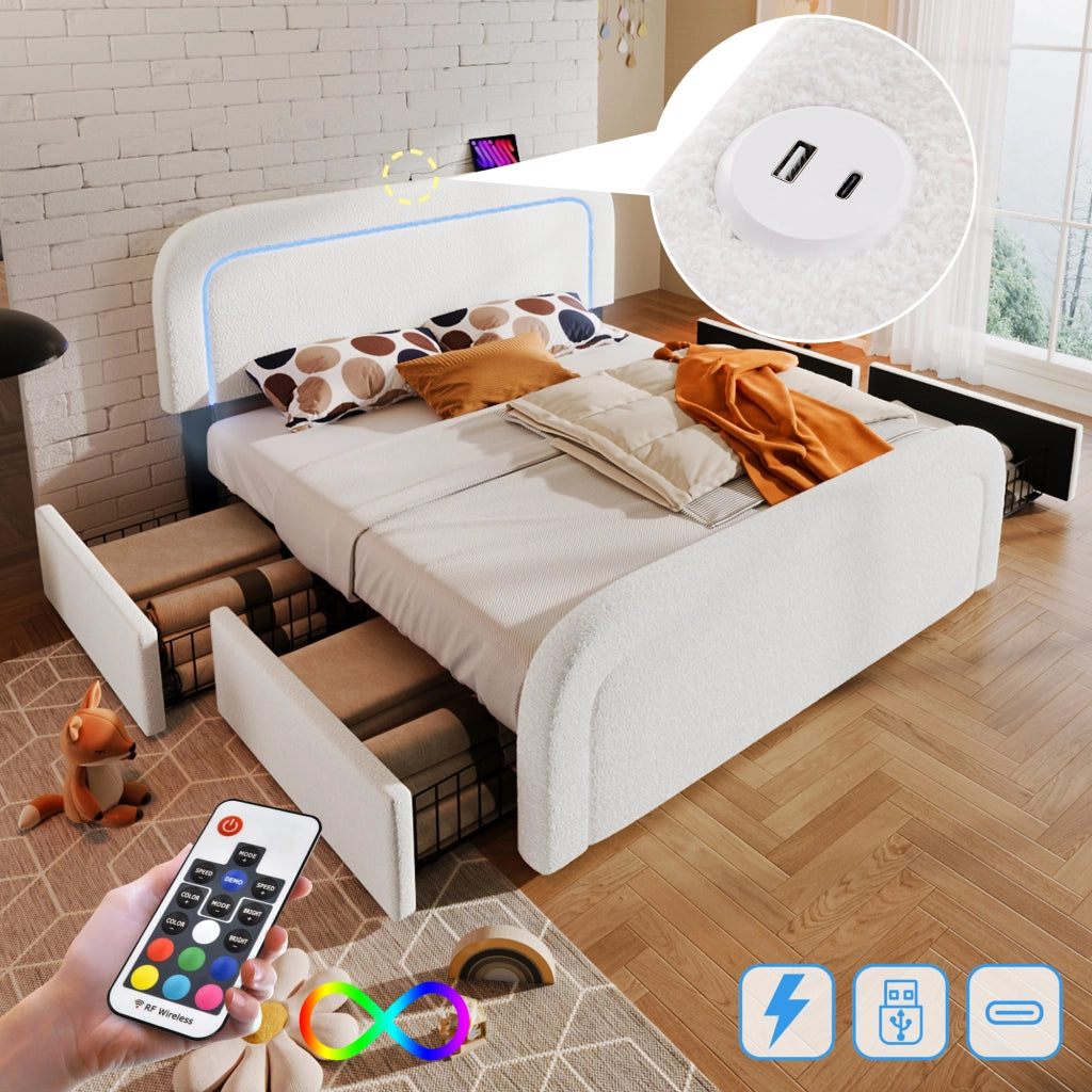 LETTO imbottito con USB Type-C, LED e 4 cassetti 140x200 cm Sherpa bianco