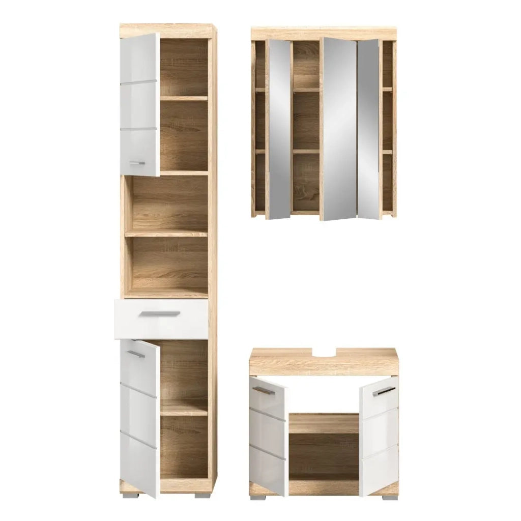 Set di mobili da bagno RIDLEY – Mobile sottolavabo, colonna e mobile con specchio – Bianco e rovere chiaro