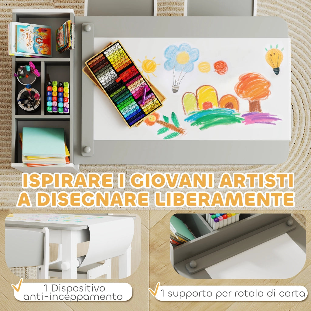 Set Sedie e Tavolo per Bambini ¨C Minimal ¨C Legno, Tessuto non Tessuto, Grigio e Bianco