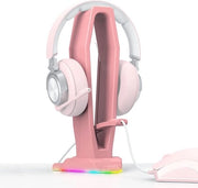 Stand per cuffie con molla per mouse e luce RGB - Accessori gaming con 4 porte USB - Rosa