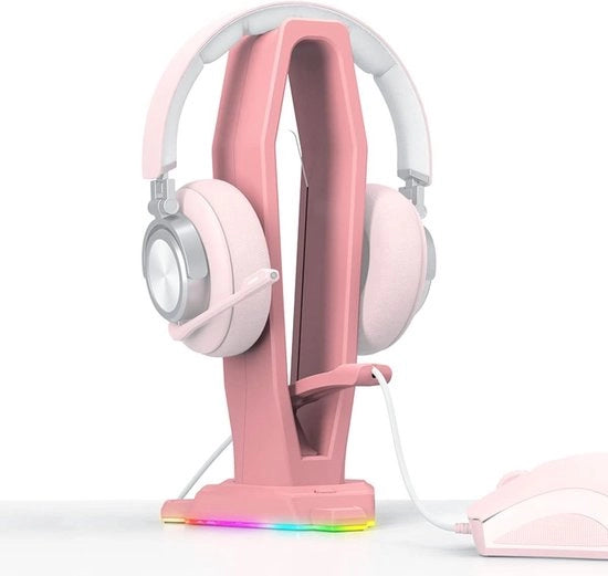 Stand per cuffie con molla per mouse e luce RGB - Accessori gaming con 4 porte USB - Rosa