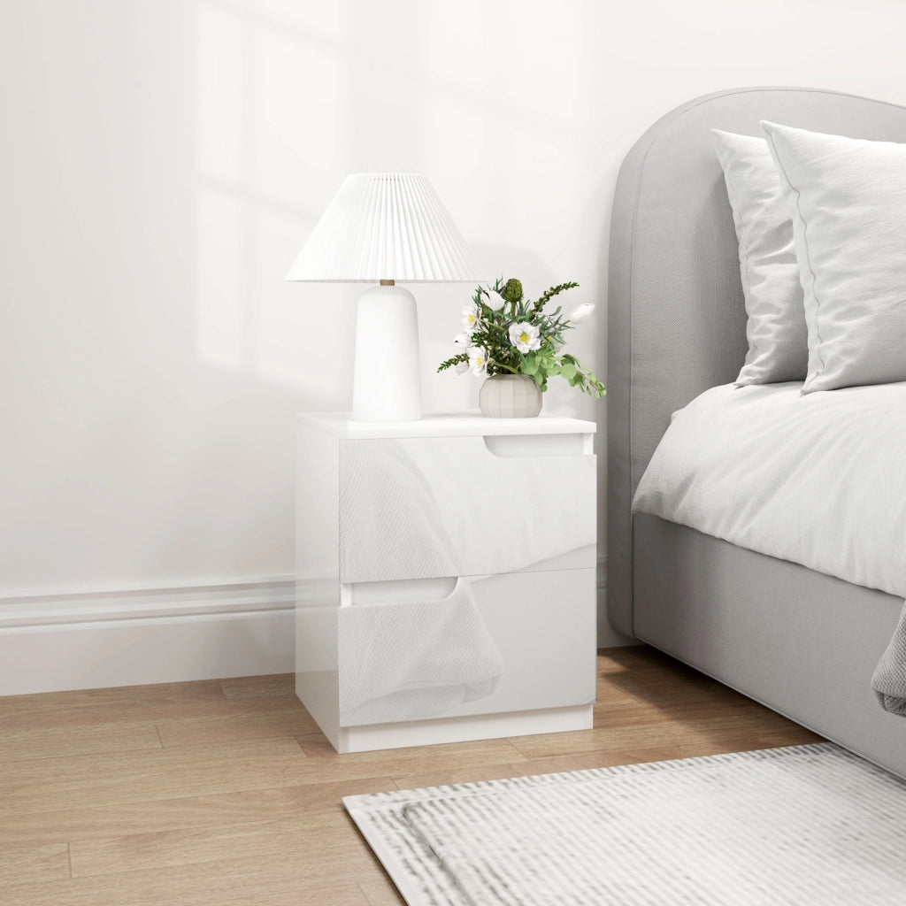 Comodino Moderno in Legno con 2 Cassetti e Design Lucido, 40x40x48 cm, Bianco