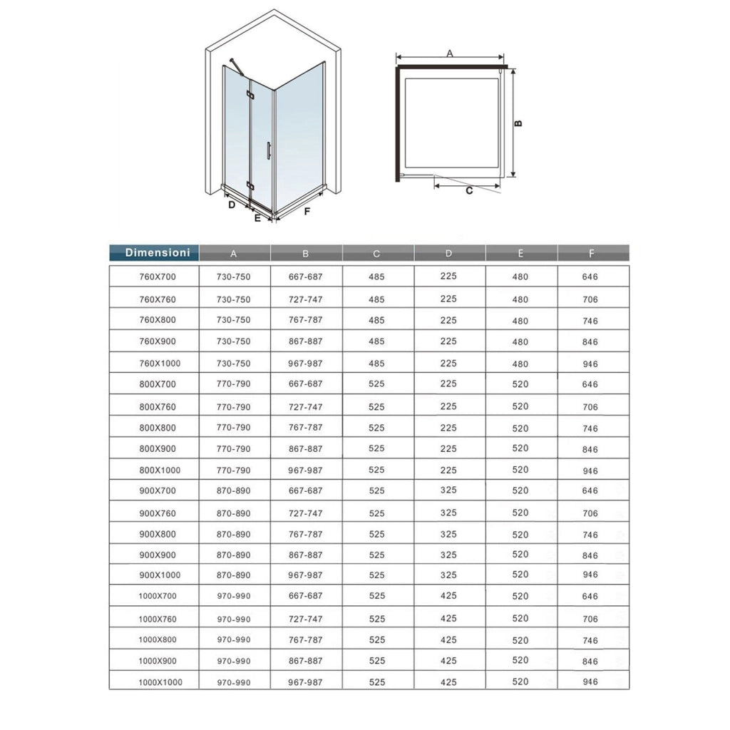 100x80x195 cm Box Doccia Angolare Porta Battente Più Parete Fissa Vetro 6 mm Temperato Anticalcare Trasparente Telaio Cromo Lucido