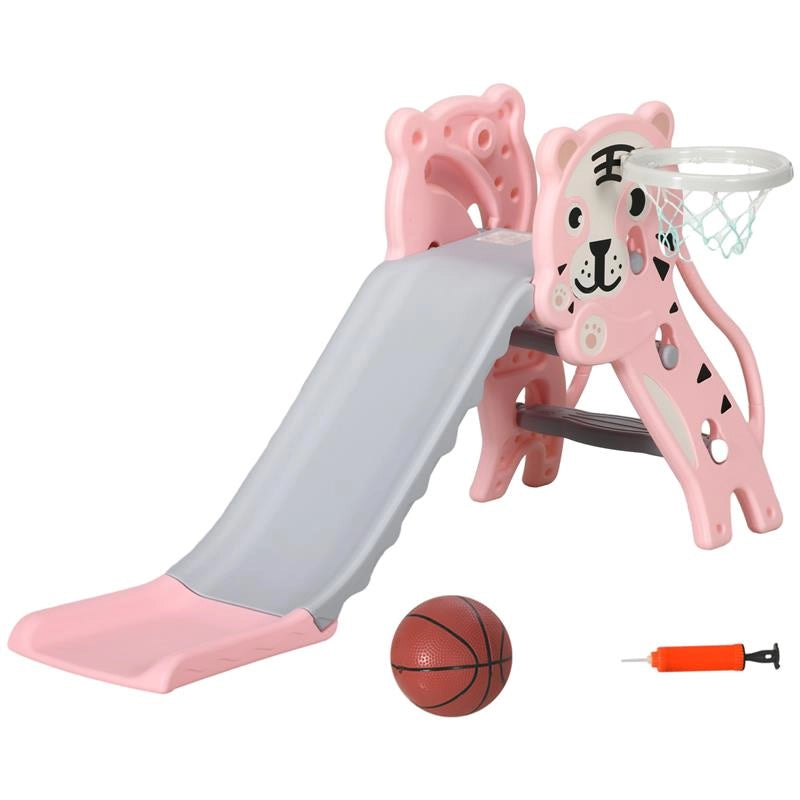 SCIVOLO PER BAMBINI 18-36 MESI CON CANESTRO DA BASKET LATERALE IN PLASTICA, 133X60X70 CM ROSA E GRIGIO