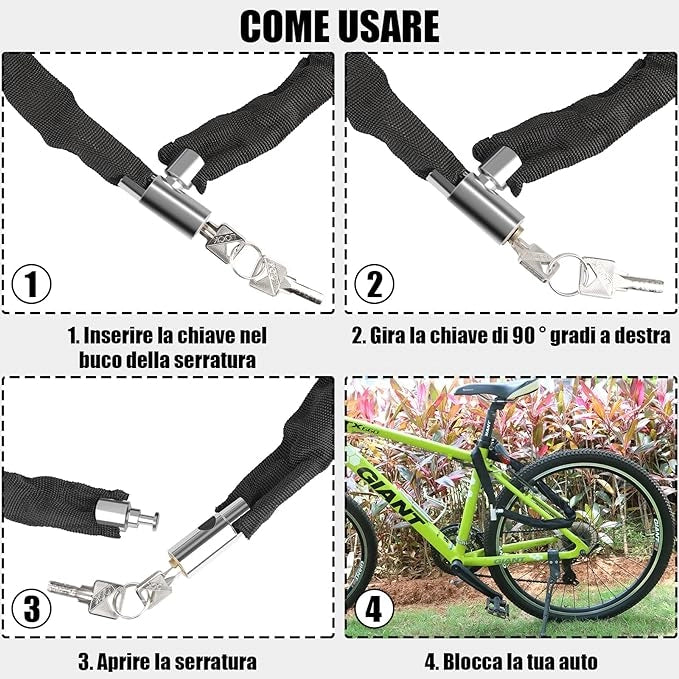 LUCCHETTO PER BICI E MOTO A CATENA mm 5x80 cm - SIKURO